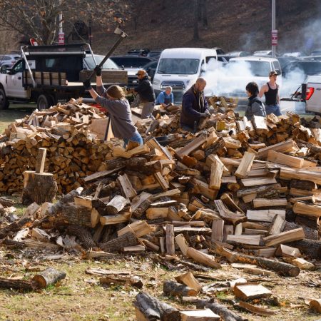 Cullowhee United Methodist Church sign with community firewood distribution event in parking lot